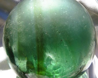Japanese Blown Glass Fishing Float 5"D Deep Sea Green SWIRLS Hazy Seal Button in RARE SIZE Maritime Relic Antique