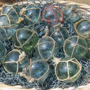 Vintage Japanese Glass FLOATS 2 Lot of 15 NETTED Ocean Fishing Decor Authentic Artisan Blue-Green Aqua Shades image 1