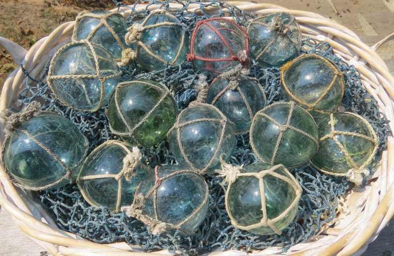 Vintage Japanese Glass FLOATS 2 Lot of 15 NETTED Ocean Fishing Decor Authentic Artisan Blue-Green Aqua Shades image 1