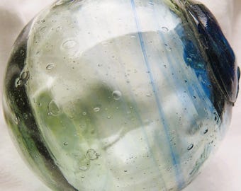 Japanese Blown Glass Fishing FLOAT 3" Pale Sea Green w/Cobalt Blue Seal Button & SWIRLS Over 1/3 to 1/2 ANTIQUE!