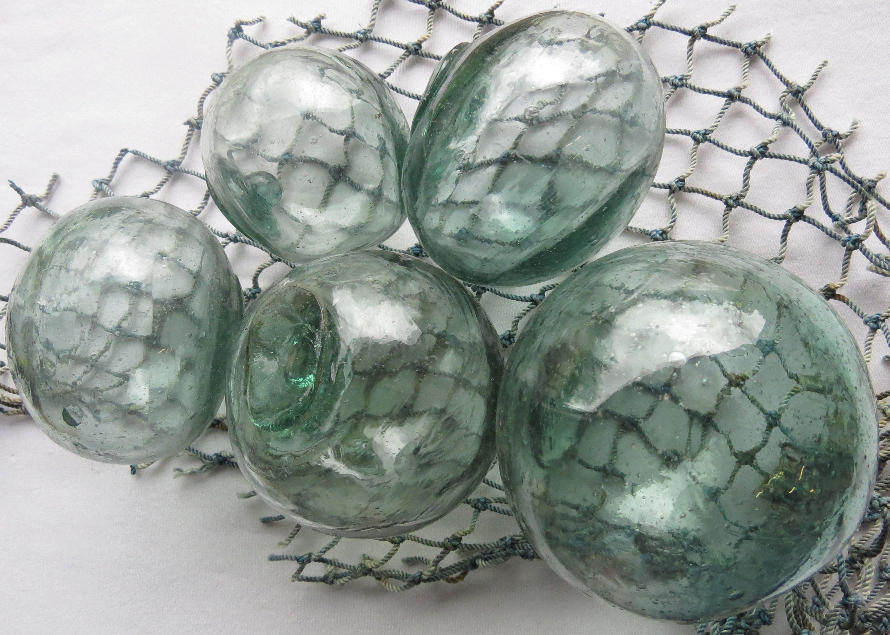 Japanese Blown Glass Floats 3-3.5 Lot of 5 MISSHAPEN Ocean Fishing Decor  Sea Green Shades ANTIQUES!