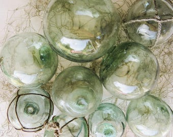 Japanese Glass Fishing Floats (9) Mixed Sizes PALE/Faintly Green Marine Matter Antiques