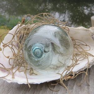 Japanese Blown Glass Float 1.75&quot; Aquamarine w/Seal Button on Pacific Ocean Oyster Shell w/Net Antique Ocean Buoy Mini-Ball
