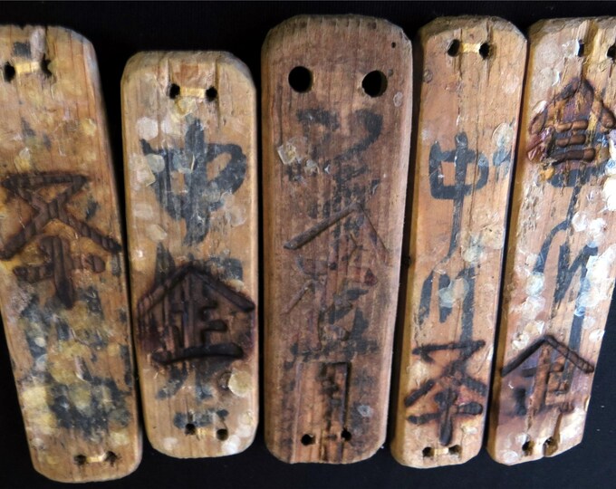 Japanese Inked Numbers Japanese Fishing Floats Wooden 5 Slats Kanji-mark Hand-inked/carved ...