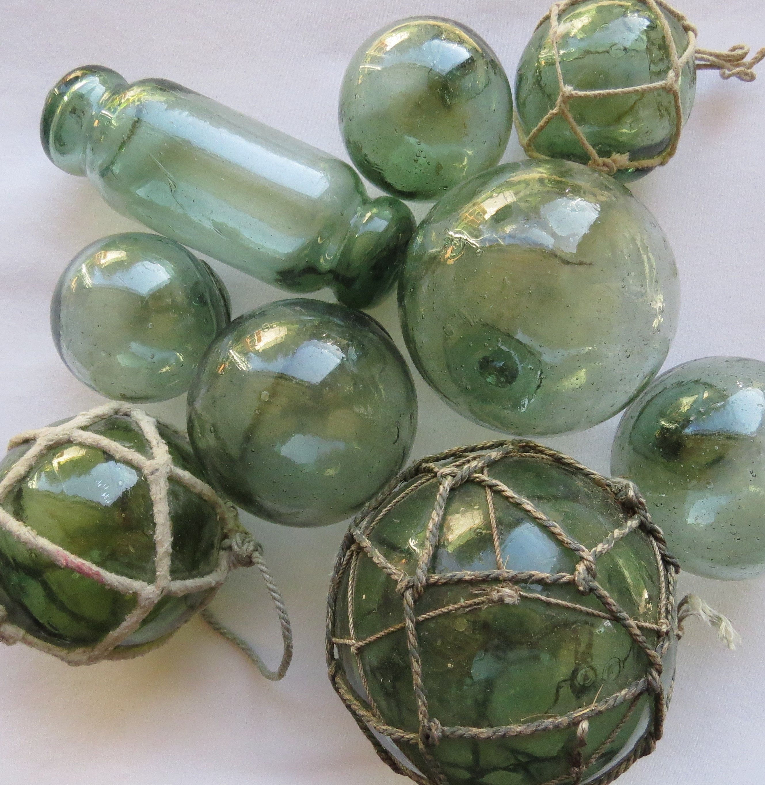 Japanese Glass FLOATS Mixed Sizes Lot of 9 Sea-green Netted