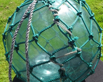 Japanese Blown Glass Float 14"D XL Sea Green Netted *Interior Crack* Antique Beach Ocean Tiki 23D