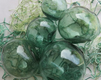 Japanese Blown Glass Floats 2-2.5-3-3.5" Lot of 5 MISSHAPEN Sea Green Shades Ocean Fishing Decor +Net