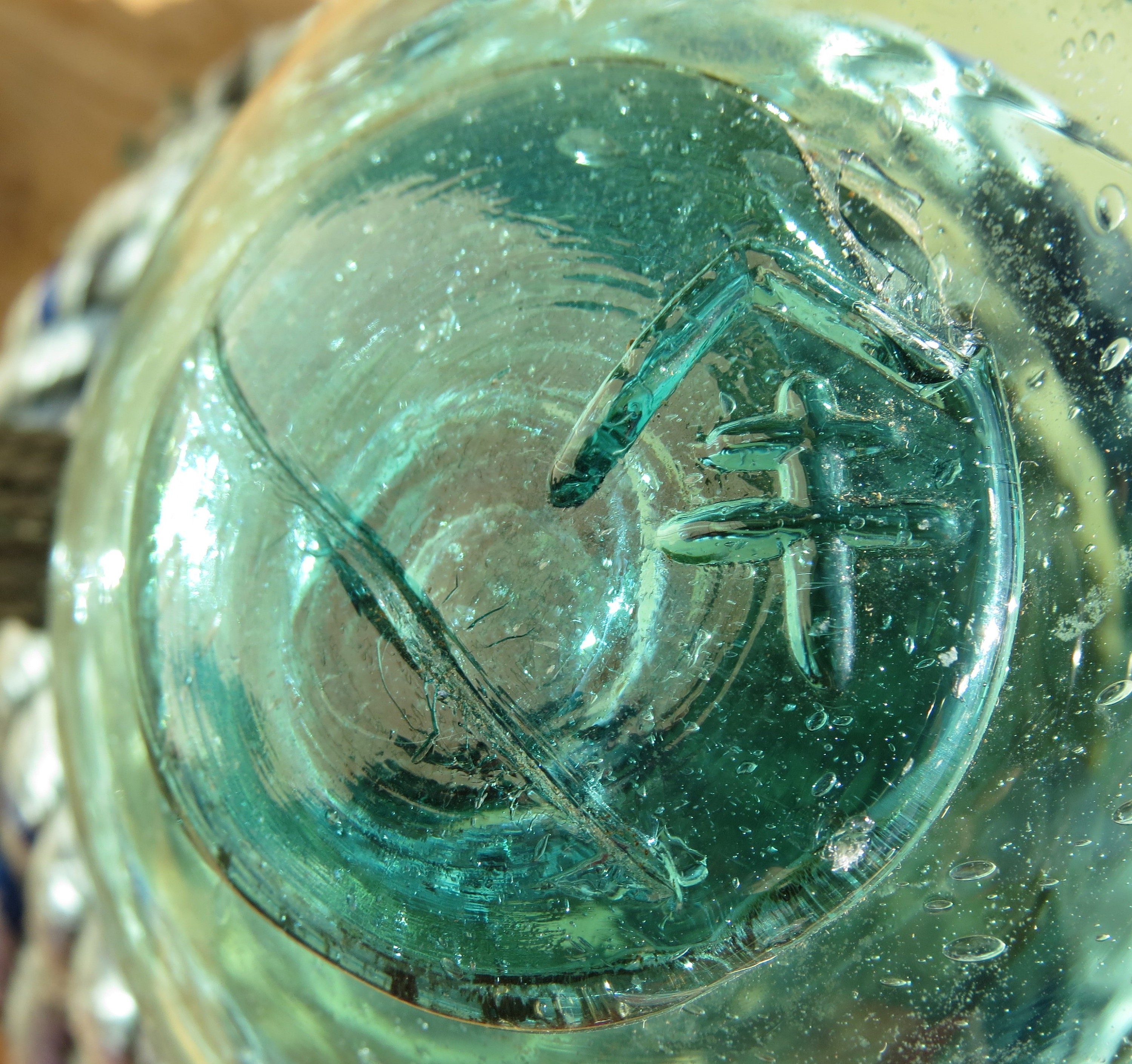 JAPANESE Glass Float 5 Aqua WP Mark 52 Bubbles Inclusion Antique Ocean Sea  Tiki Beach Office Decor fishing Line Stand 