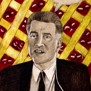 May include: A colored pencil drawing of a man wearing a suit and tie, with a speech bubble that says, "I plan on writing an epic poem about this gorgeous pie." The background is a cherry pie.