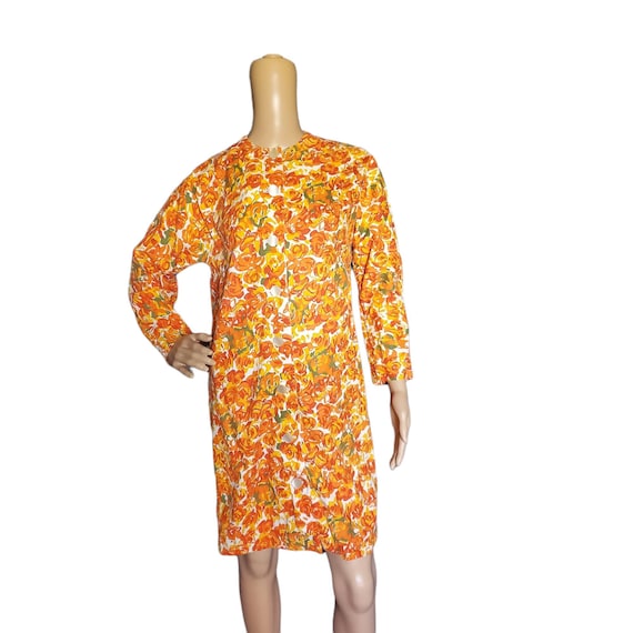 Vintage 60s Mod Funky Orange Floral Cotton Coat D… - image 1