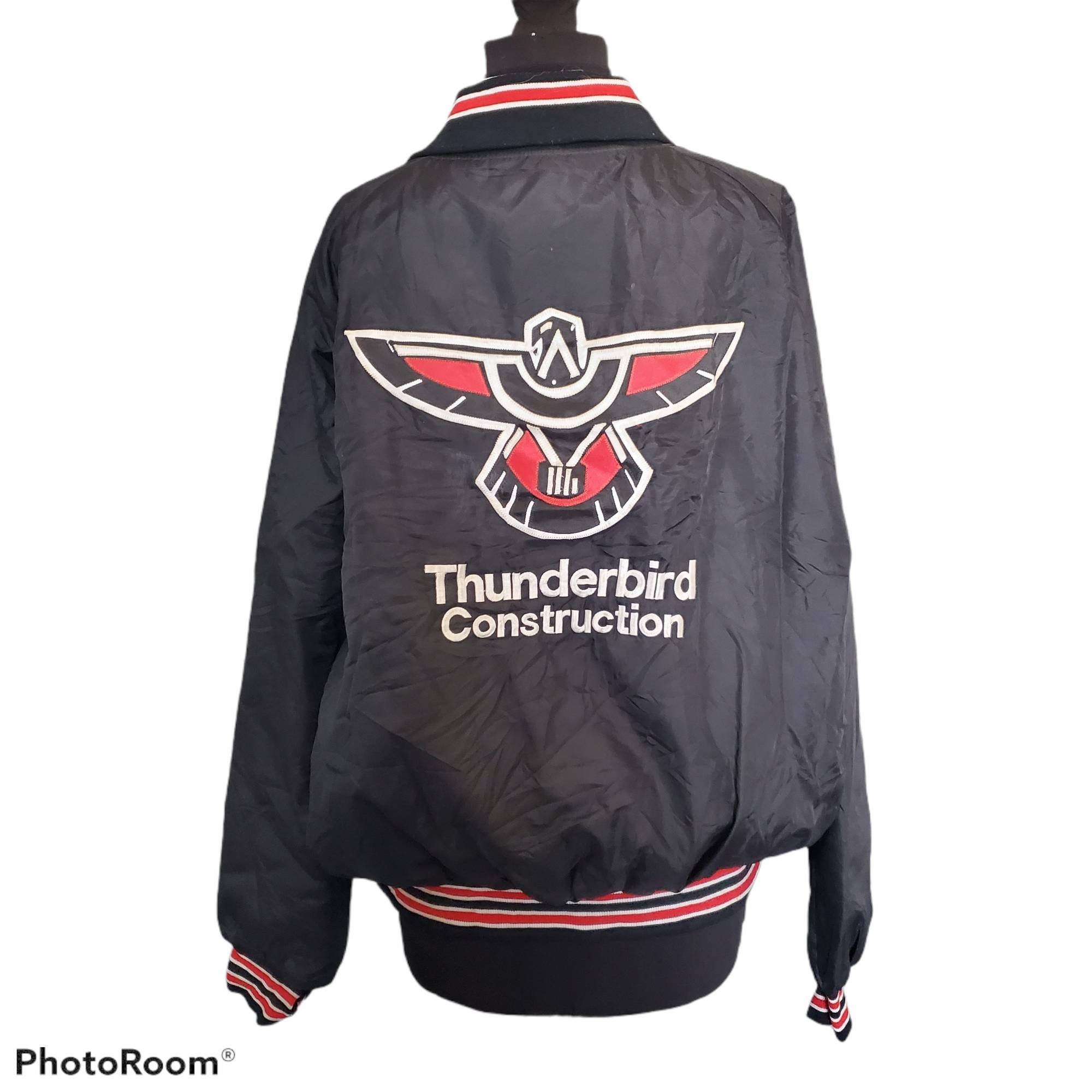 Mens Vintage Nylon Varsity Bomber Jacket Applique Tribal Thunderbird Totem XL