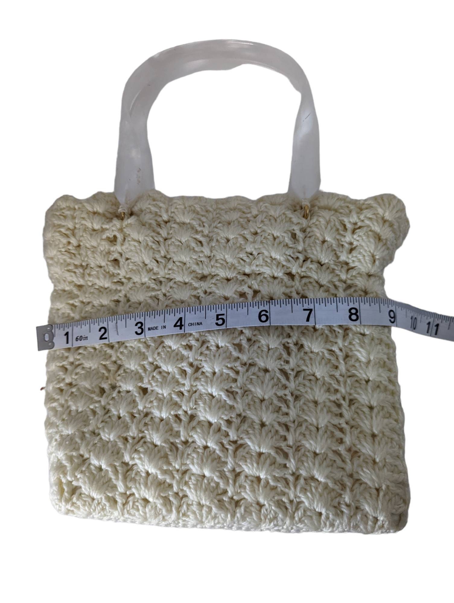 Vintage off White Hand Granny Knit Crochet Bag Purse Pearl 