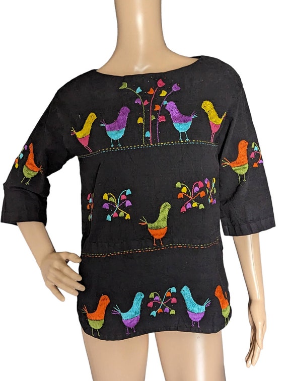 Vintage 60s Mexican Boho Embroidered Colorful Bird