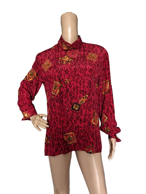 Vintage 80s Louis Feraud Silk Red Animal Print & … - image 5