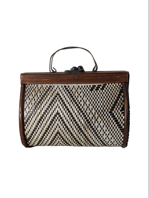 Vintage Woven Black & White Straw Wicker and Wood… - image 3