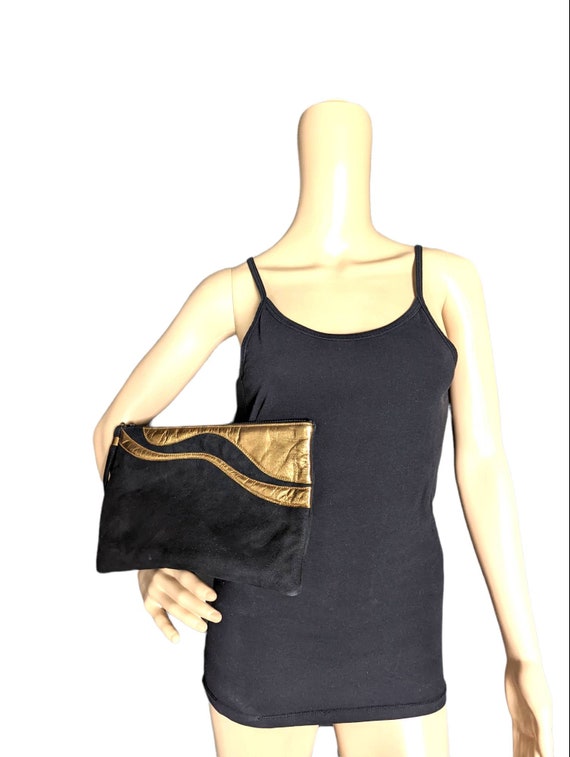 Vintage 80s Ruth Saltz Black & Gold Suede Leather… - image 2