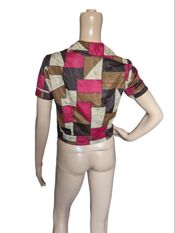 Vintage 70s Faux Patchwork Crop Button Down Shirt… - image 3