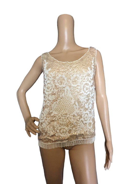 Vintage 50s Cream White HEAVILY Beaded Sequin Fri… - image 1