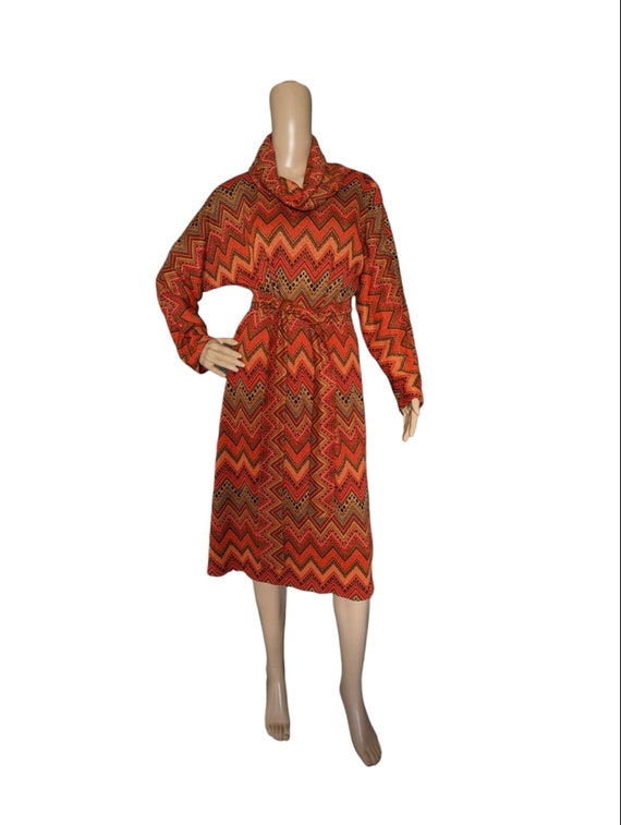 Vintage 70s Zig Zag Striped Knit Cowl Belted Dress