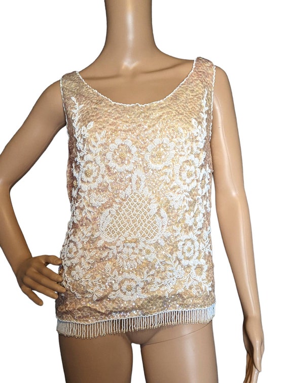 Vintage 50s Cream White HEAVILY Beaded Sequin Fri… - image 3