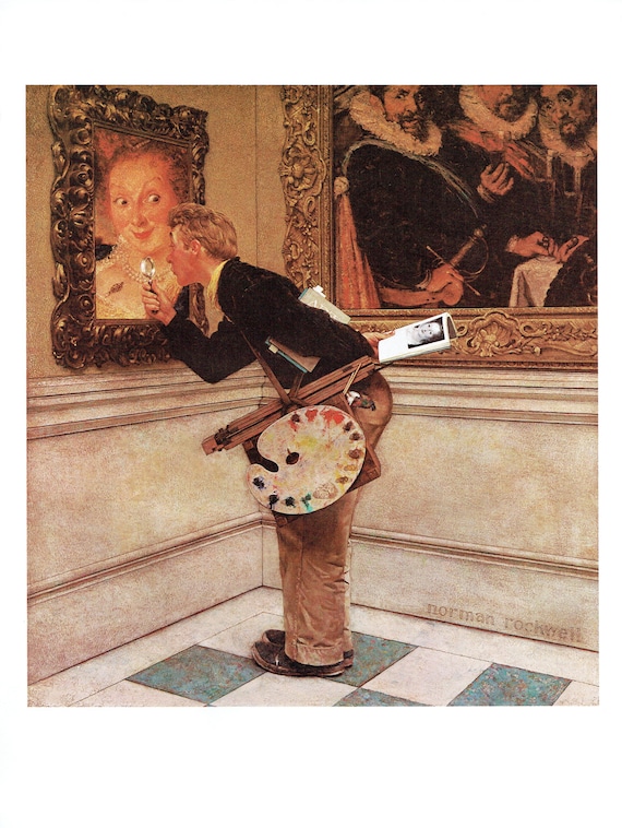 Vtg Art Print Norman Rockwell Poster 12/" x 15/" Triple Self Portrait