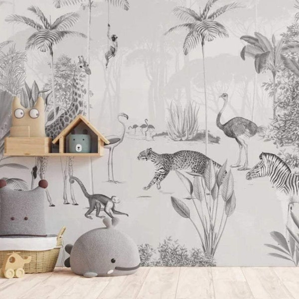 Jungle Wallpaper - WILDLIFE'S PLAYGROUND - black/white