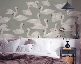 Bird Wallpaper - DANCING SWAN green