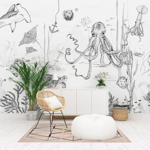 Papier peint océan - UNDERWATER WONDERS - noir/blanc