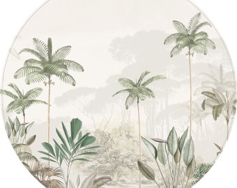Peel and stick round wallpaper decal - Tropical Wilderness - beige/green