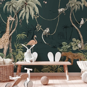 May include: A dark green jungle-themed wallpaper mural with a giraffe, flamingo, monkeys, a leopard, and palm trees. The mural is displayed in a room with a wooden bench, a toy rocking horse, and a ball.