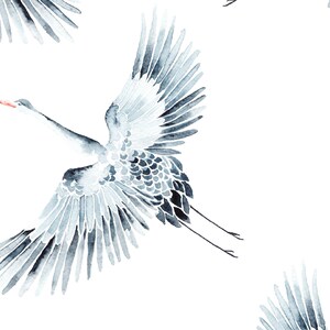 May include: Watercolor painting of a blue and gray crane in flight with its wings spread wide. The crane has a long, thin neck and a small, pointed beak. The background is white.