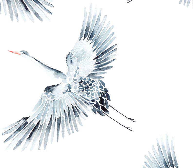 May include: Watercolor painting of a blue and gray crane in flight with its wings spread wide. The crane has a long, thin neck and a small, pointed beak. The background is white.