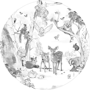 Adesivo per carta da parati rotondo stacca e incolla - Foresta magica nero/bianco