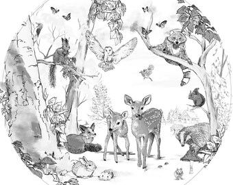 Peel and stick round wallpaper decal - Magical Forest black/white