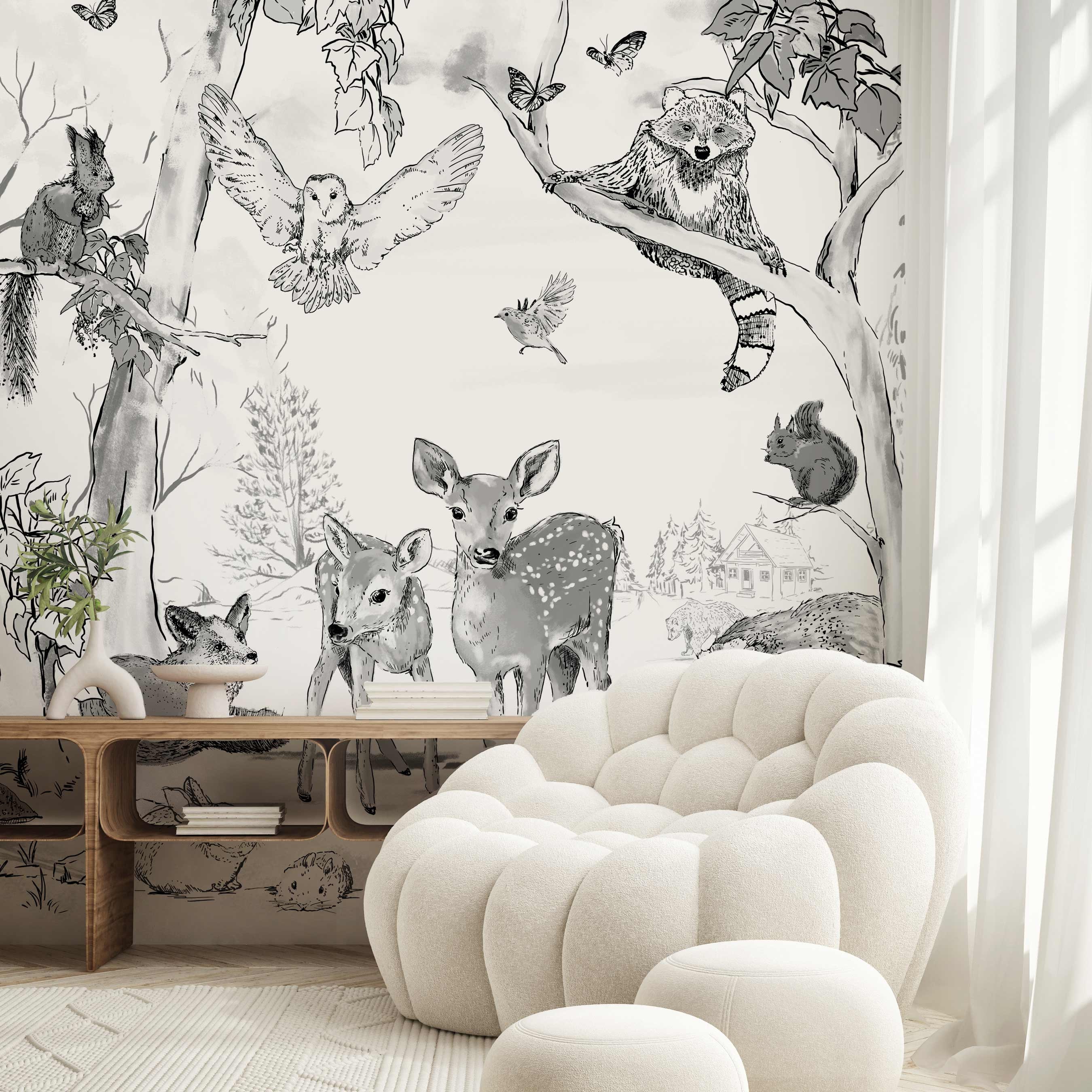 Animal Wallpaper MAGICAL FOREST Black/white - Etsy Australia Animal Wallpaper MAGICAL FOREST Black/white - Etsy Australia