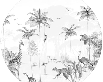 Peel and stick round wallpaper decal - Wildlife's Playground black/white