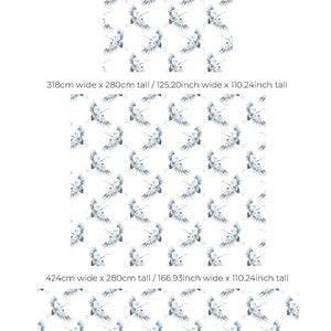 May include: A seamless pattern featuring a repeating design of blue watercolor cranes flying against a white background. The pattern is available in various sizes, from 62.60 inches wide to 208.66 inches wide.