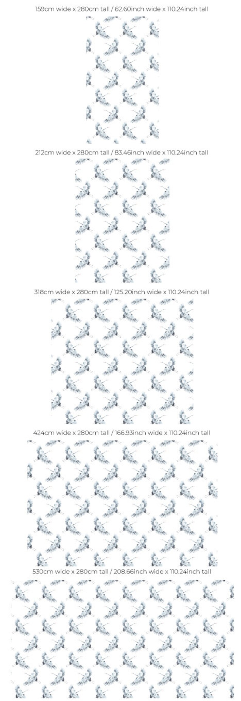 May include: A seamless pattern featuring a repeating design of blue watercolor cranes flying against a white background. The pattern is available in various sizes, from 62.60 inches wide to 208.66 inches wide.