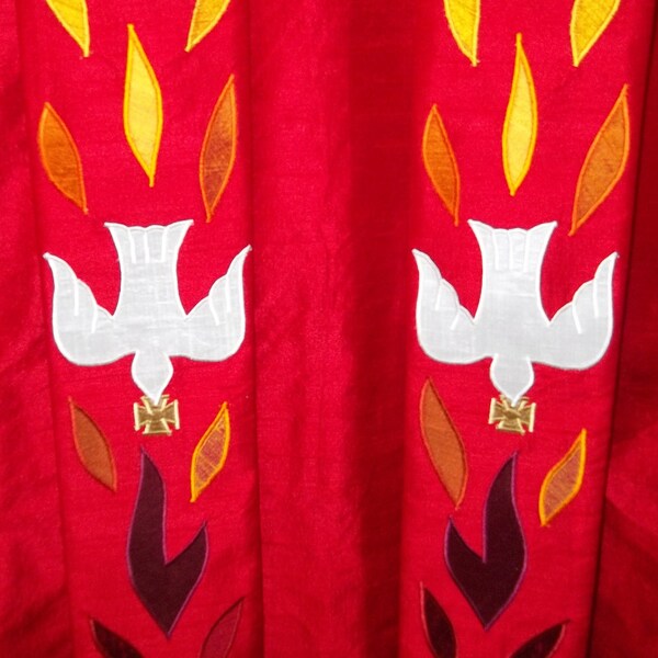 Red Dove Clergy Stole features the descending Dove and Flames on red dupioni silk. Perfect stole for Ordination or Pentecost