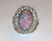 Vintage Estate Sterling Silver Opal ring with clear stones -size 5