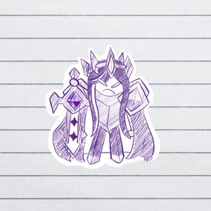 May include: A purple sticker featuring a cartoon character with a crown, armor, and a sword. The character has long hair and an angry expression. The sticker is on a lined paper background.