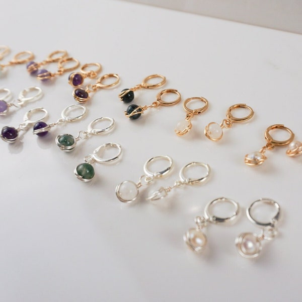 Mini Wire-Wrapped Hoop Earrings - More Colors Dainty, Lightweight, Natural Stone, Handmade, Huggie Earrings Gold/Silver