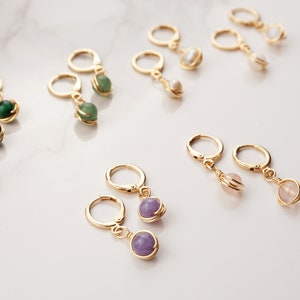 Mini Wire-Wrapped Hoop Earrings - Dainty, Lightweight, Natural Stone, Gemstone, Handmade, Huggie Earrings Gold/Silver