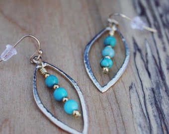 Turquoise Drop Bead Leaf Gold Earrings