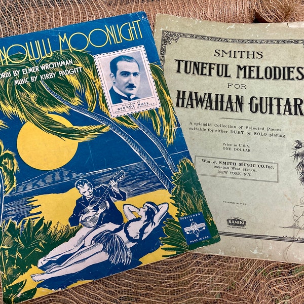 TWO Hawaiian Guitar Music "Honolulu Moonlight"1931~~"Tuneful Melodies for Hawaiian Guitar"1929 Vintage Collectibles