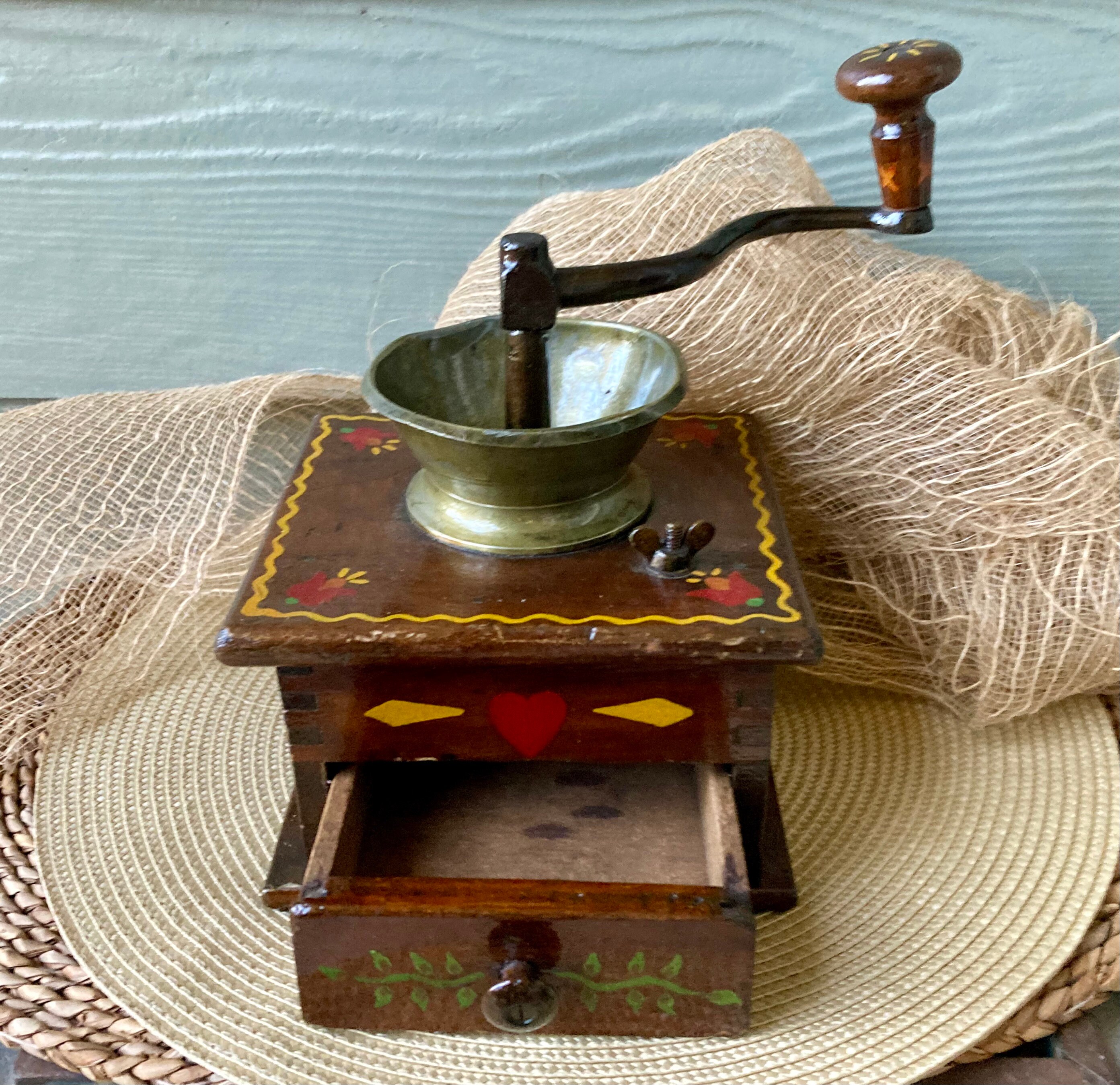 Vintage Coffee Mill Tole Painted in the German Style Hand Crank Coffee ...