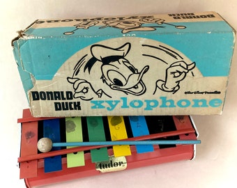 Donald Duck Xylophone 1950's Collector's Toy Original Box Classic Tudor Metal Toy Musical Instrument IT PLAYS