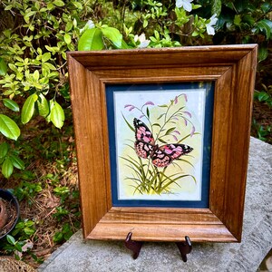 Butterfly Print with Wood Frame 12X14 inches Vintage Signed Print for Wall Hanging  or Can Stand Tabletop Lovely Gift Idea