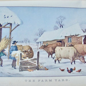 Vintage Print Currier & Ives "The Farm Yard" Color Lithograph 16 X 11 Inches Farmhouse Decor Collectible