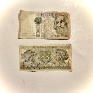 TWO Italian Banknotes 1000 Lire 1982 and 500 Lire 1966 Italy Paper Money Collectible Vintage